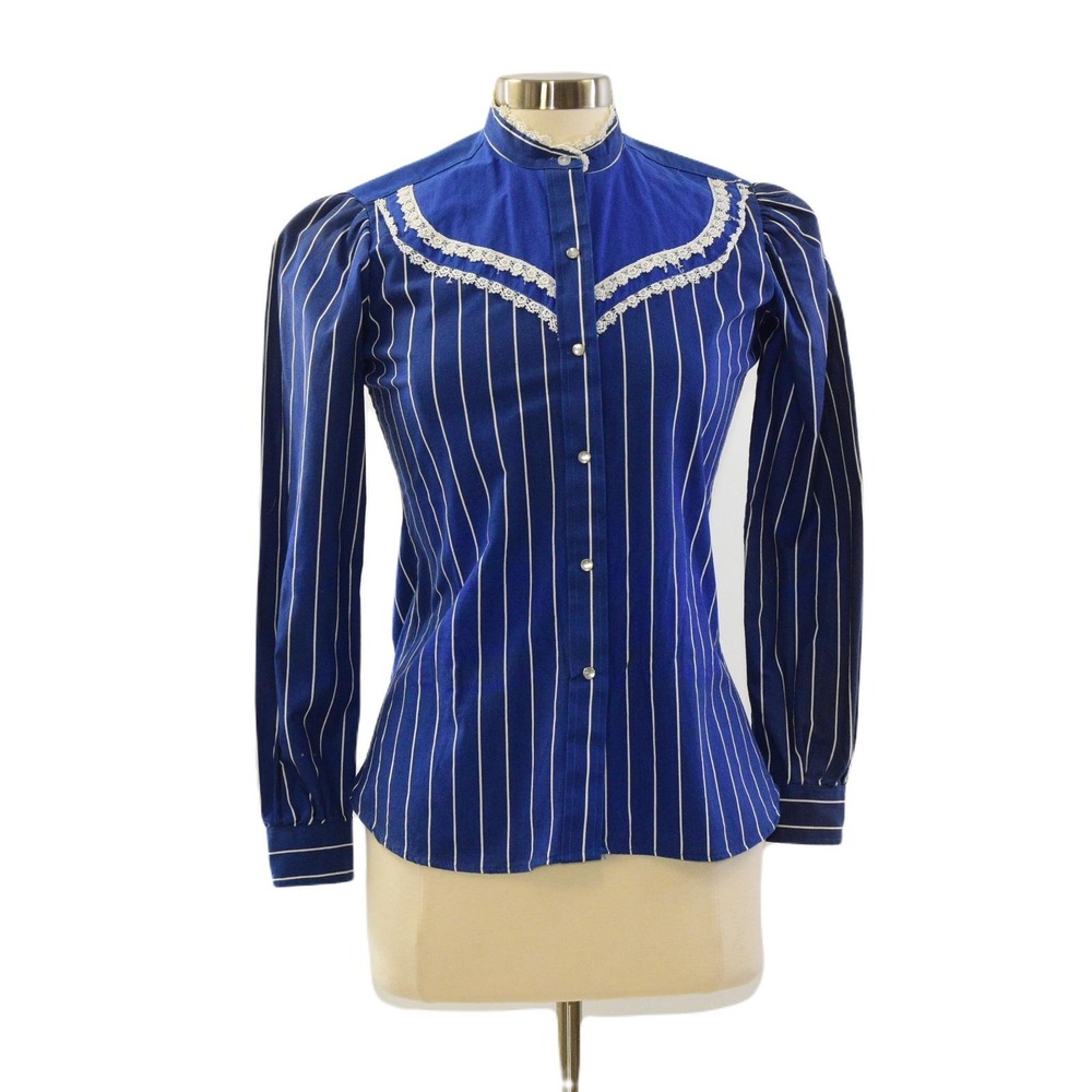70s Vintage Blue Western Pearl Snap Shirt Womens M Lace Trim Pin Stripe Prairie
